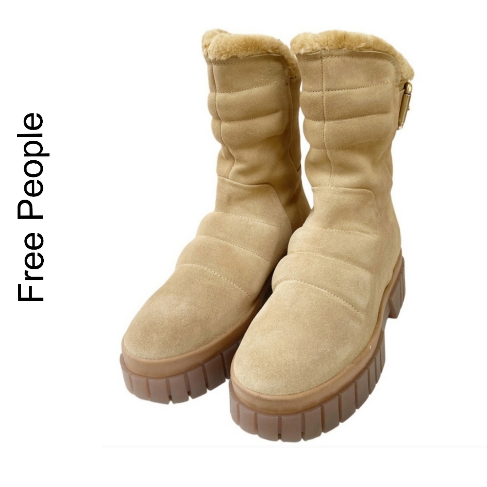 Free People Fable Faux-Fur Lined Sand-Suede Moto Boots Size 8